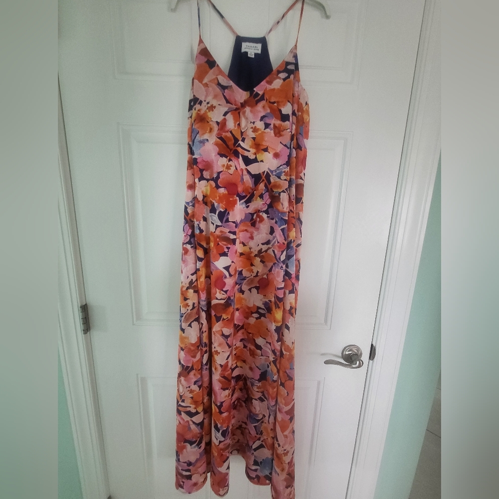 Tahari Elegant Floral Maxi Dress in Pink and Orange